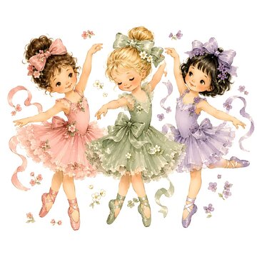 Three girls enjoy a ballet dance. They wear pastel dresses with bows and flowers. They stand gracefully on their toes. The setting has ribbons and small flowers around them