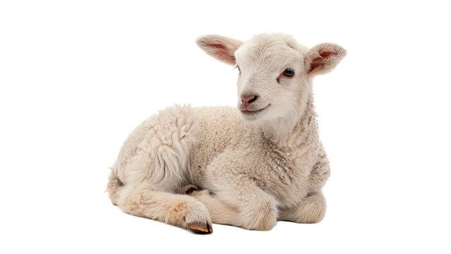 Cute small furry newborn white lamb sitting isolated on transparent background cut out