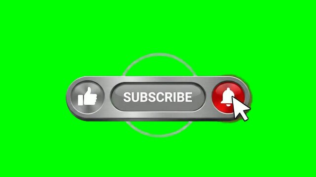 Pop up youtube subscribe like bell icon button clicked animation motion graphic with chroma green screen clip template 4k design video