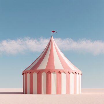 A pink and white striped circus tent under a blue, cloudy sky