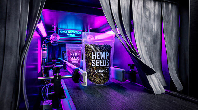 Macro view of inline X ray scanner inspecting hemp seed pouches for quality control