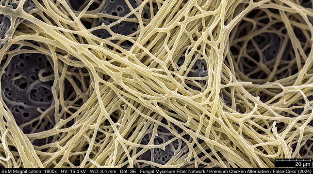 Scanning electron microscope view of fungal mycelium that resembles fibers of meat