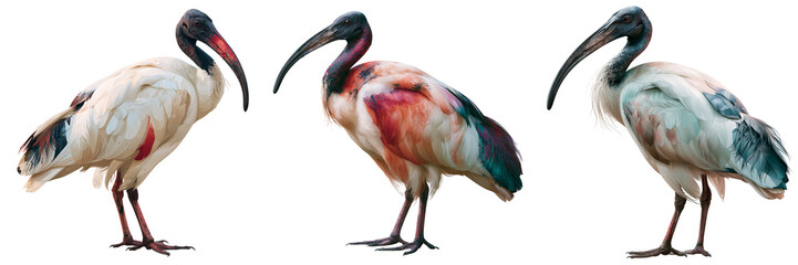 Obraz premium Set of Elegant wading stork with glossy black wings and a naturally vibrant red face, poised on one leg on transparent png background. Ai generated
