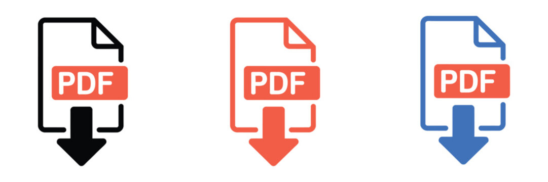 PDF download icon set representing document file transfer digital download and colorful interface symbols vector illustration