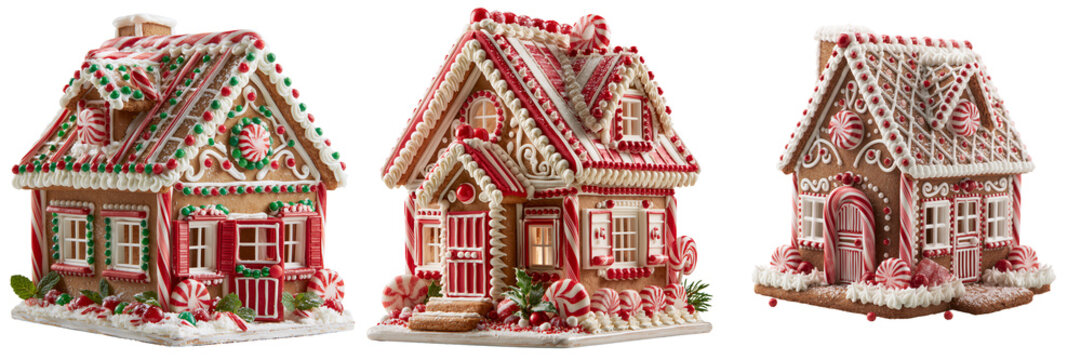 Set of Detailed gingerbread cookie house decoration featuring textured walls, piped icing trim, festive seasonal design, elegant holiday centerpiece on transparent png background. Ai generated