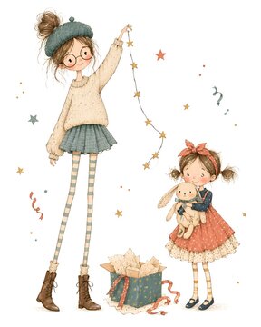 Two girls are preparing for a celebration. One girl holds string lights while the other hugs a stuffed animal. A gift box lies on the floor with colorful decorations around them