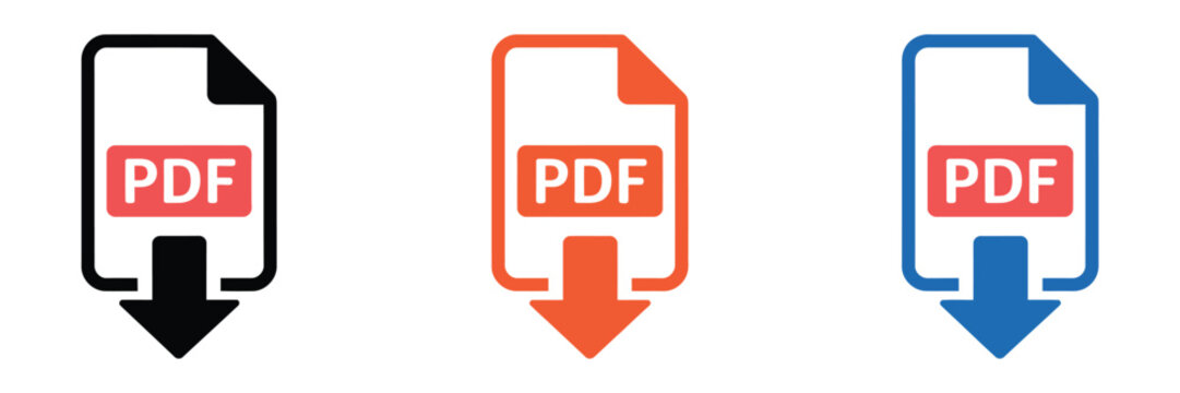 PDF download vector icons featuring document file transfer download button and three color variations for digital interface