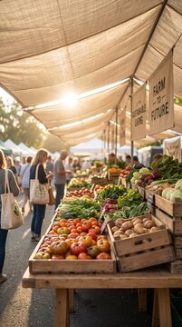 Outdoor farmers market stall under canopy with fresh organic vegetables and shoppers walking by