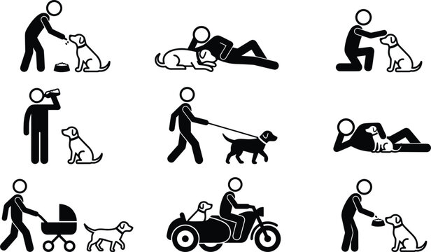 Dog owner stick figure icon set showing pet care feeding walking leash motorcycle sidecar and training activities