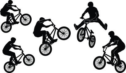 Fototapeta premium Extreme bmx bike rider stunt action silhouettes performing jumps wheelies tailwhips and airborne tricks set collection icons