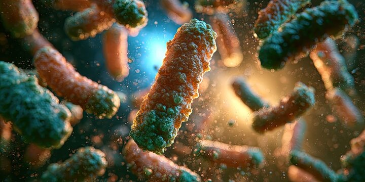 Microscopic view of rod-shaped bacteria cells with textured surfaces