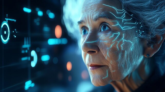 Close-up portrait of an elderly woman's face illuminated with glowing digital circuitry, representing futuristic technology and aging gracefully in a blue light