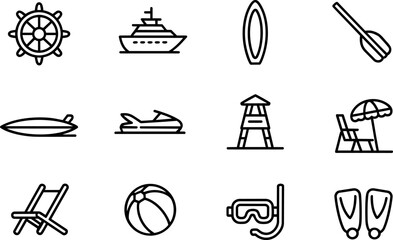 Summer beach vacation and water sports line icons with surfboard, snorkel mask, flippers, chair, boat, ship wheel © Laila