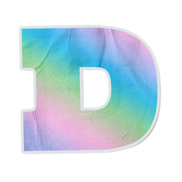 Uppercase D is hovering on transparent background, pastel sticker with creases, thin white outline