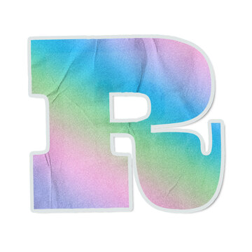 Letter R is floating on transparent plane showing pastel gradient decal with white outline, shadow