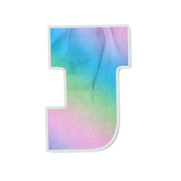 Watercolor J is floating on transparent canvas with pastel hues, white outline, paper folds, shadow