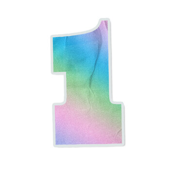 Die-cut '1' sticker is floating on transparent, pastel wash, paper grain, white stroke, soft shadow