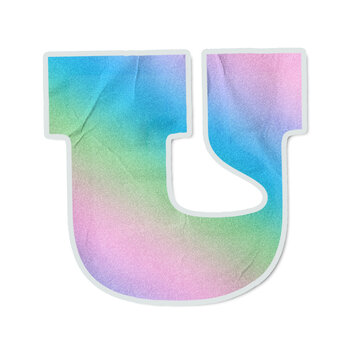 Letter U is sitting on transparent bg, watercolor sticker, soft wash, folds, white rim, gray shadow