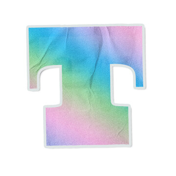 Stylized uppercase T is floating on transparent background, pastel sticker with white rim, notched