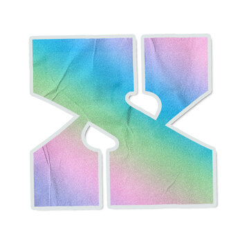 Pastel watercolor letter X is showing as patch, creased paper grain, white rim, shadow, copy space
