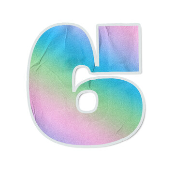 Colorful sticker-like numeral six is being shown on transparent canvas, with watercolor gradient