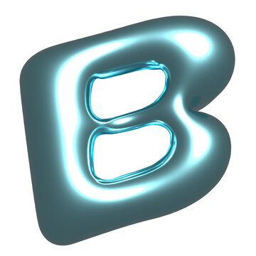 Letter B is glowing as glossy inflated 3D metallic cyan form with neon rim, transparent background