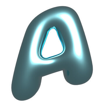 Letter A is floating in 3D, inflated glossy cyan-teal with chrome cutout, rim light, transparent