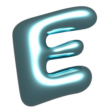 Uppercase E is glowing as inflated 3D glossy render with cyan highlights on transparent background