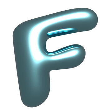 3D capital letter F is floating on transparent background, showing balloon-like glossy teal finish