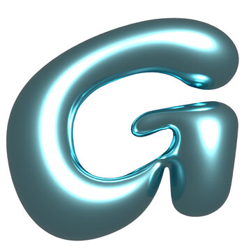 Uppercase G is floating as glossy cyan 3D metal form on transparent background, showing droplets