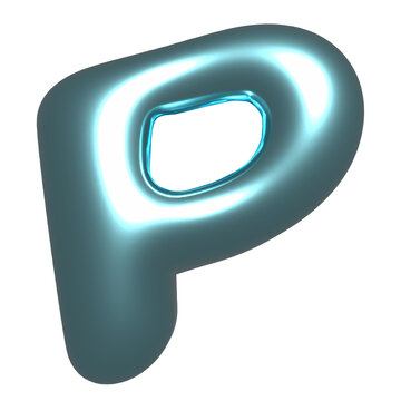 Inflated metallic cyan letter P is floating on transparent backdrop in glossy 3D with specular halo