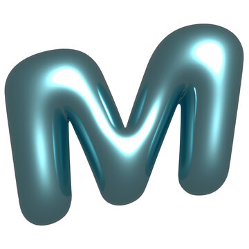 Stylized inflated letter M is floating on transparent layer in 3D render, with teal chrome finish