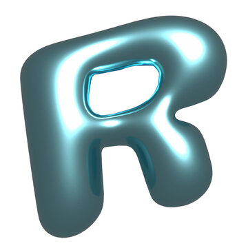 Stylized 3D letter R is floating on transparent background, showing glossy liquid-metal reflections