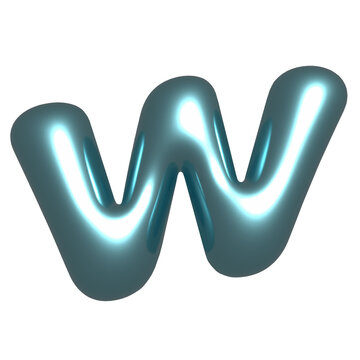 Glossy tubular 3D capital letter W is floating on transparent background, showing cyan highlights
