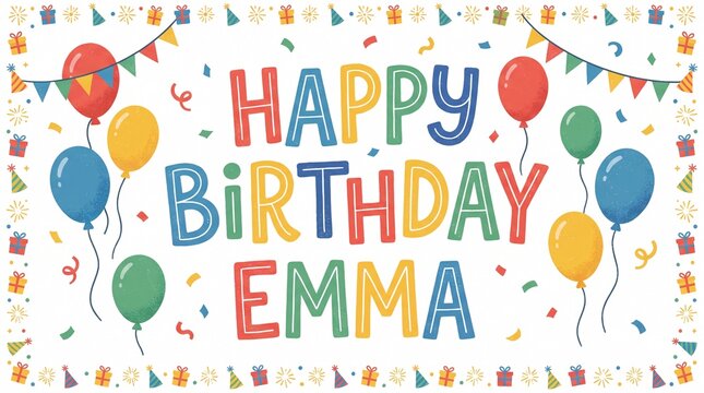 Colorful Happy Birthday Celebration Greeting Card for Emma Featuring Festive Balloons Confetti and Banners Illustration