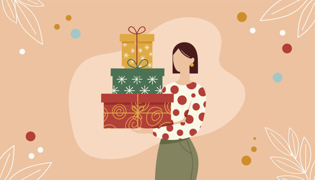 Elegant woman in stylish polka dot blouse holding stack of beautifully wrapped gift boxes for celebration, holiday, or special occasion surprise.
