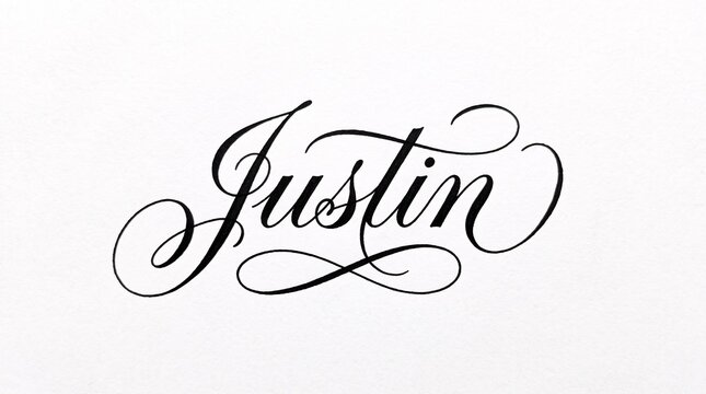 Handwritten calligraphy name Justin in elegant script lettering with flourishes on white paper