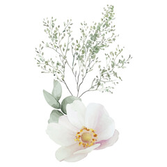 Obraz premium Stylized wild rose is blooming on transparent watercolor background with golden center, copy space