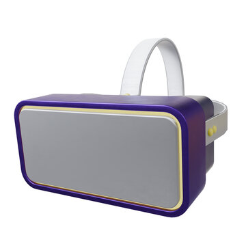 Stylized 3D VR headset is floating on transparent background, showing purple housing and gold trim