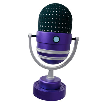 Retro-mic is being shown on transparent, 3D purple body, teal grille, blue indicator, silver yoke