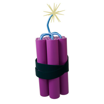 Six purple cylinder bundle is appearing in 3D with strap, lit fuse, spark, transparent background