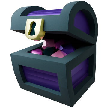 Low-poly 3D treasure chest is sitting in three-quarter, gems and gold lock, transparent background