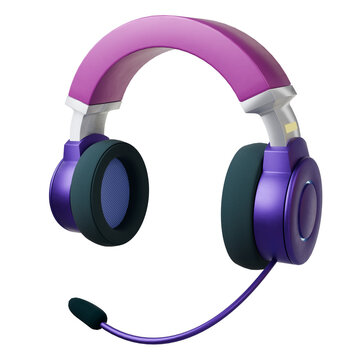 3D headset is being shown on transparent background, featuring purple earcups, pink band, mic boom