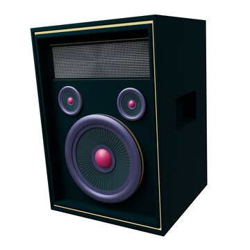 Speaker cabinet is being shown in 3D with drivers, gold trim, pink caps, transparent background