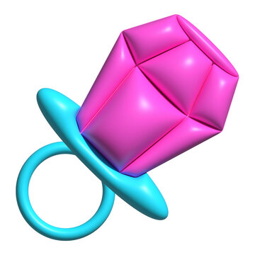 3D stylized pacifier is being shown diagonally on transparent canvas with cyan ring and magenta gem