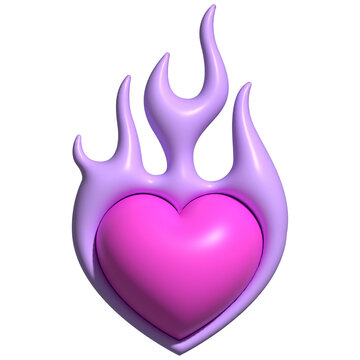 Glossy heart emblem is sitting on transparent canvas, showing lavender flame, beveled 3D look