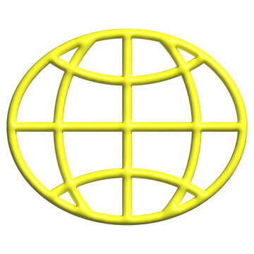 Stylized yellow 3D wireframe globe is floating on transparent background showing tubular outer ring
