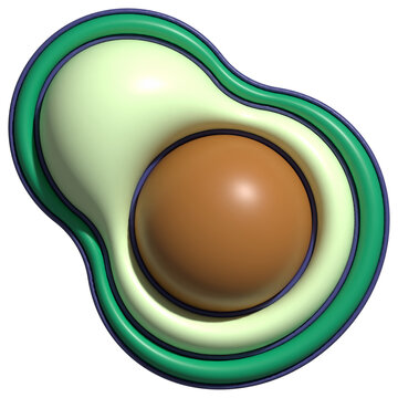 Stylized avocado half is floating on transparent background, showing 3D icon with pit, rings