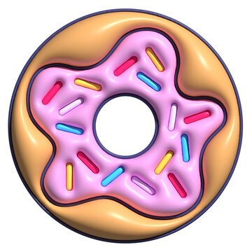 3D doughnut is floating top-down on transparent bg, showing pink star frosting, sprinkles and hole