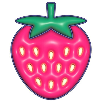 Pink strawberry is floating on transparent backdrop, as enamel pin with seeds calyx purple outline